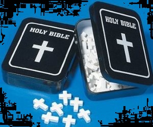 Religious Holy Cross Mints in a Holy Bible Tin for Halloween